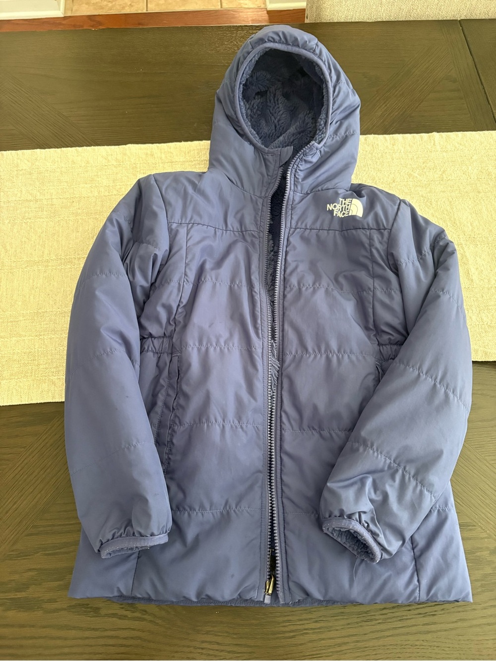 The North Face Kids Light Blue Purple Hooded Puffer Jacket